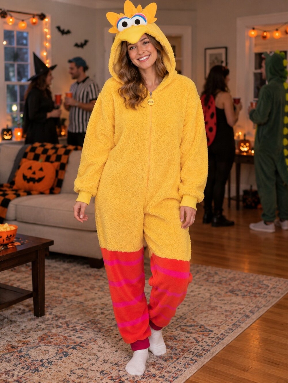 Sesame Street Big Bird Adult Costume L/XL Plush Hooded Jumpsuit Onesie
